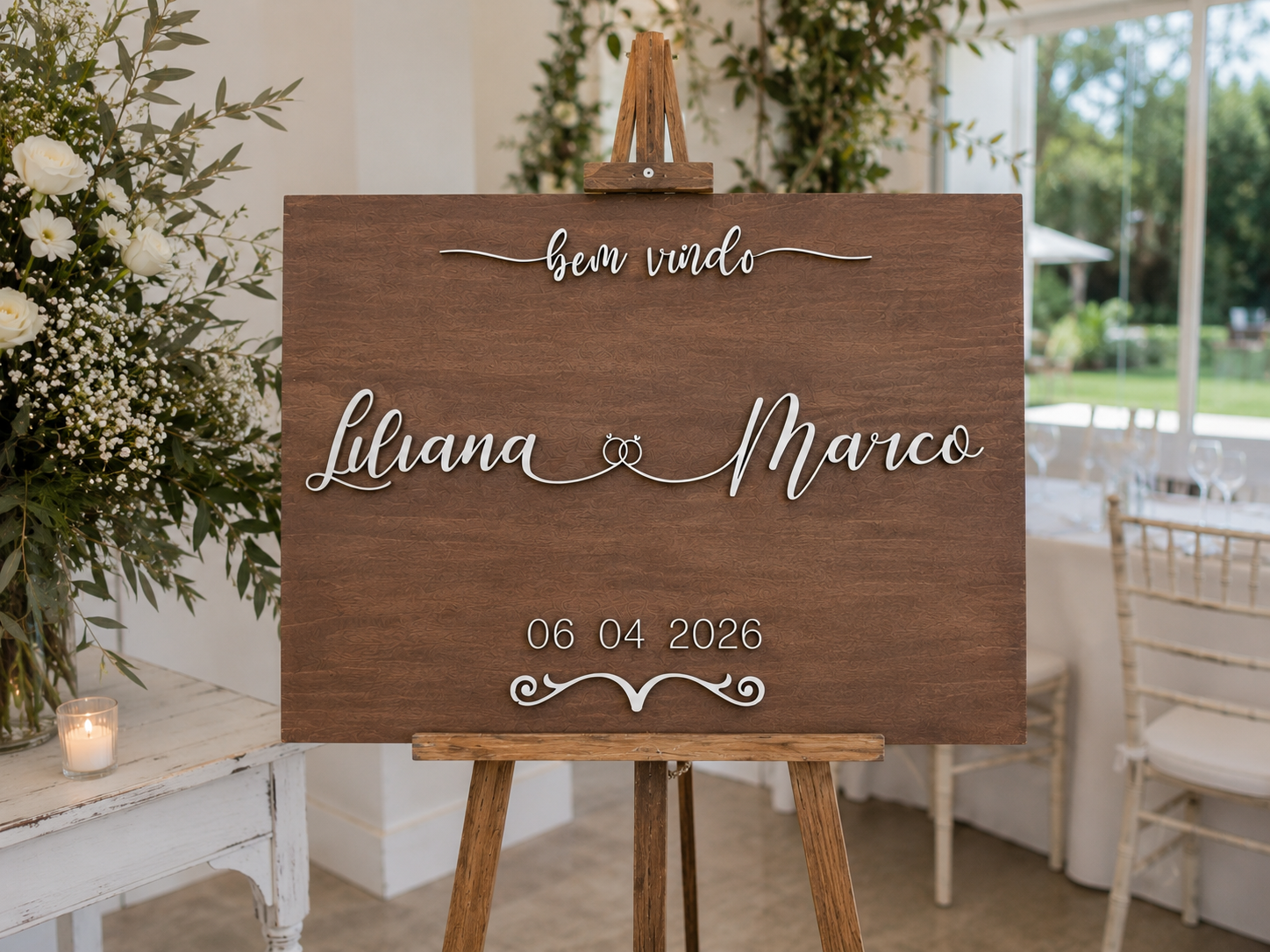 Placa de Boas-Vindas em Madeira Personalizada | Nomes e Data | Letras 3D