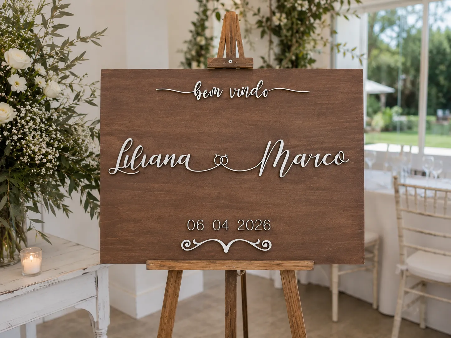 Placa de Boas-Vindas em Madeira Personalizada | Nomes e Data | Letras 3D