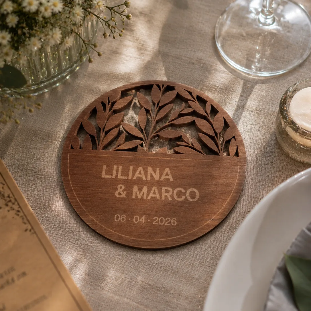Porta-Copos em Madeira Gravada | Rendilhado Floral | Lembrança de Casamento Personalizada