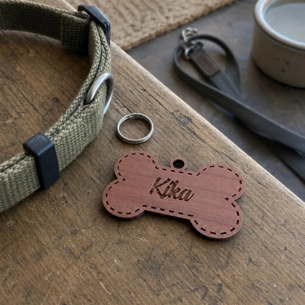 Medalha de Identificação para Coleira em Madeira | Osso Personalizado com Nome | Cão e Gato